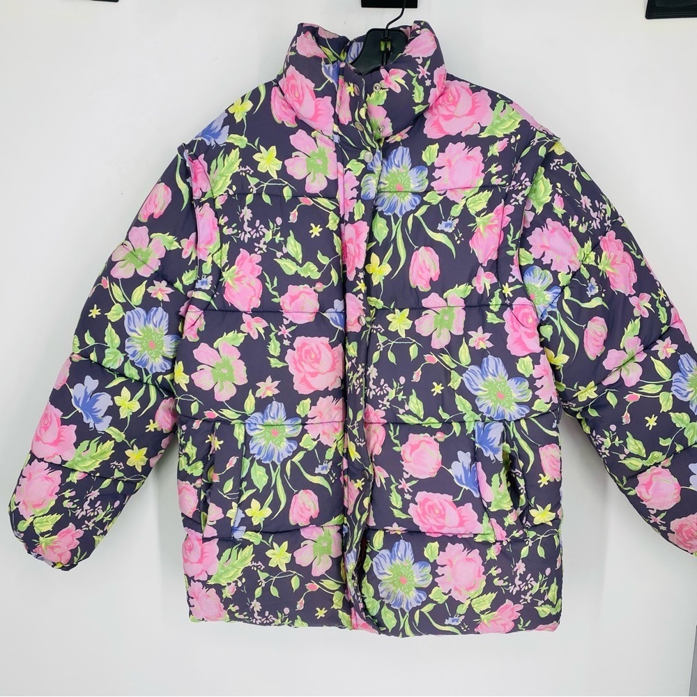 ASOS Floral Rose Print Oversized Puffer Jacket & Vest US Size 0 Button Up Coat